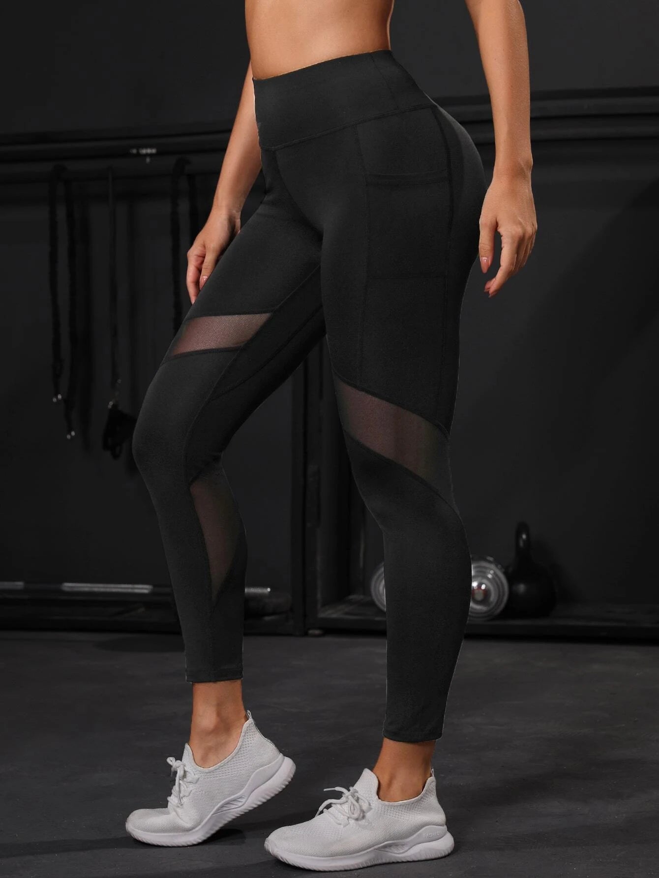 Powerista Cropped Yoga Leggings Tummy Control Contrast Mesh Gym Tights with Side Phone Pocket