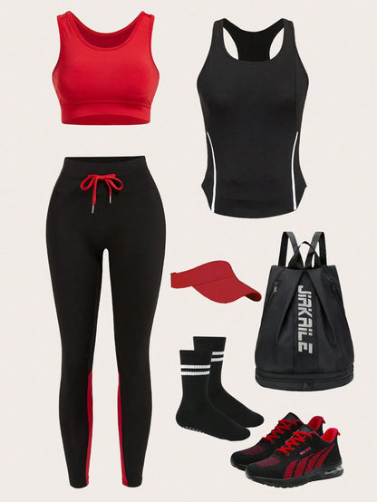 Eassivo 3Pcs Contrast Binding Sports Set Gym Clothes Workout Clothes Workout Women Set Gym Women Outfit